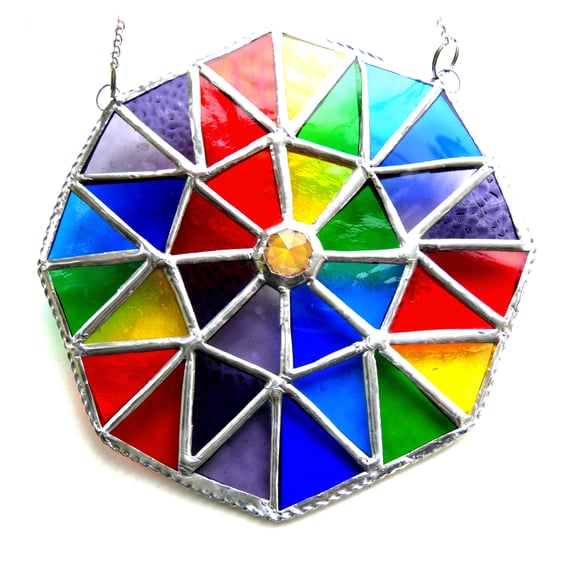 Rainbow Patchwork Octagon Suncatcher Stained Glass Handmade 011