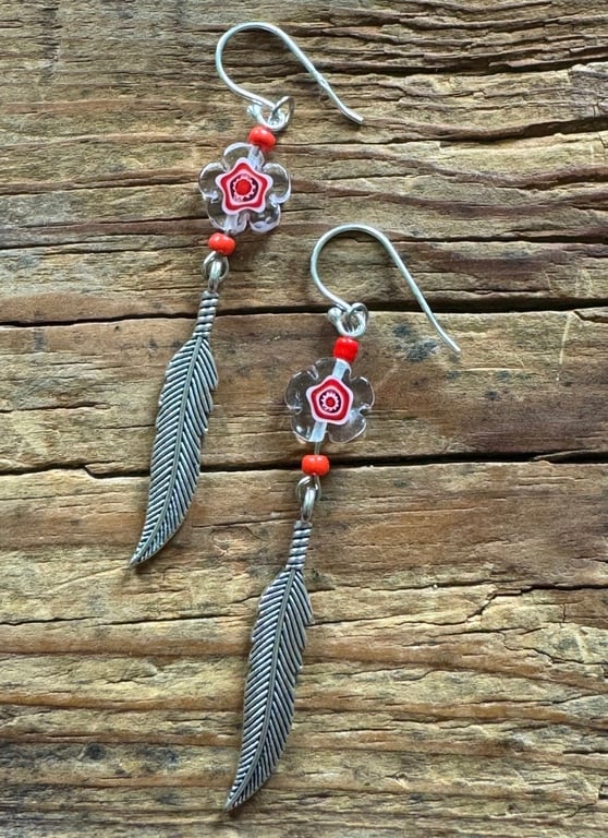 BOHo feather bead dangle earrings 