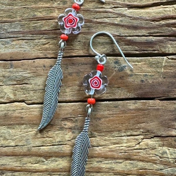 BOHo feather bead dangle earrings 