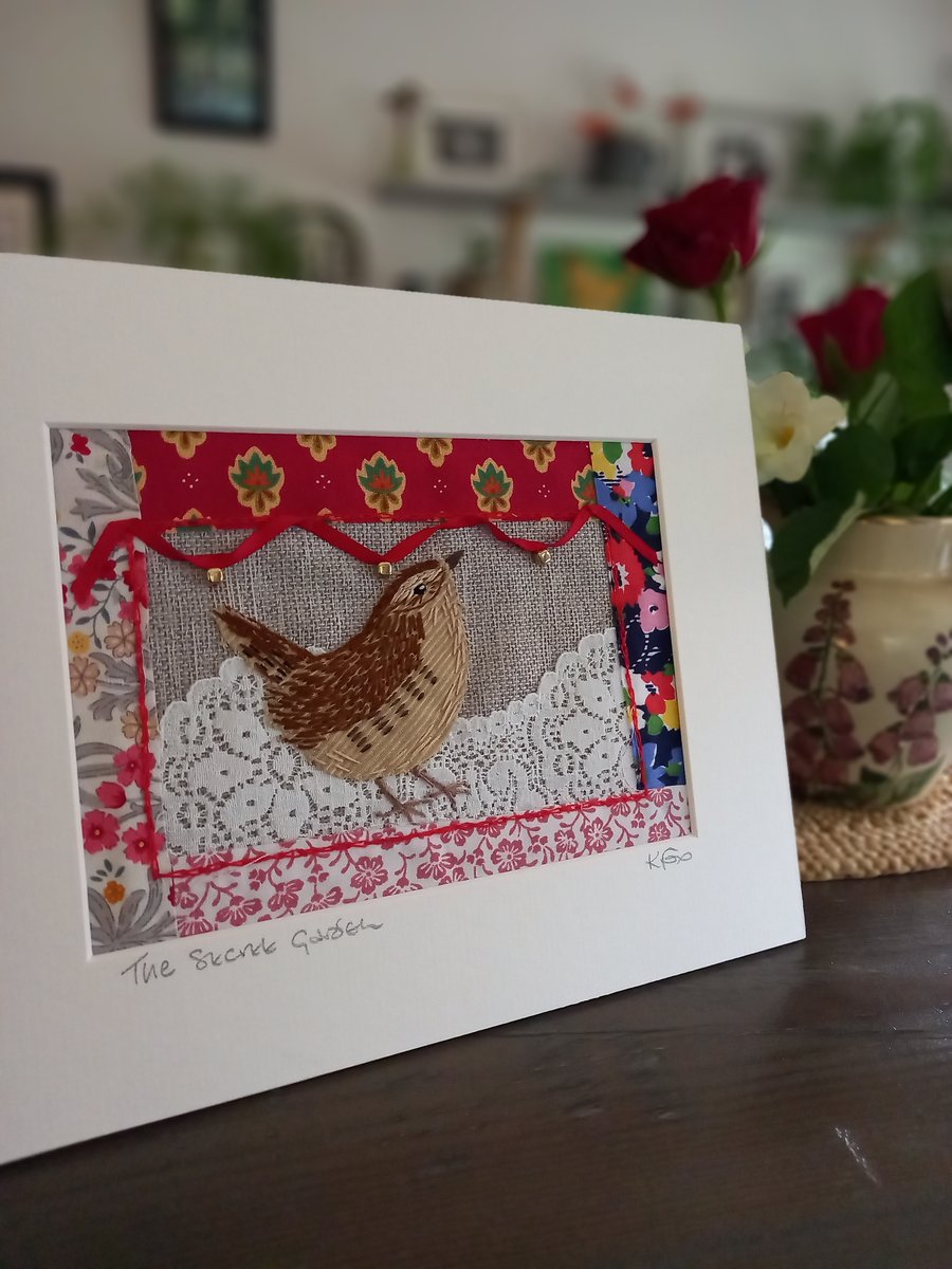 Wren, bird art, textile collage, bird fabric art, home decor, embroidered art