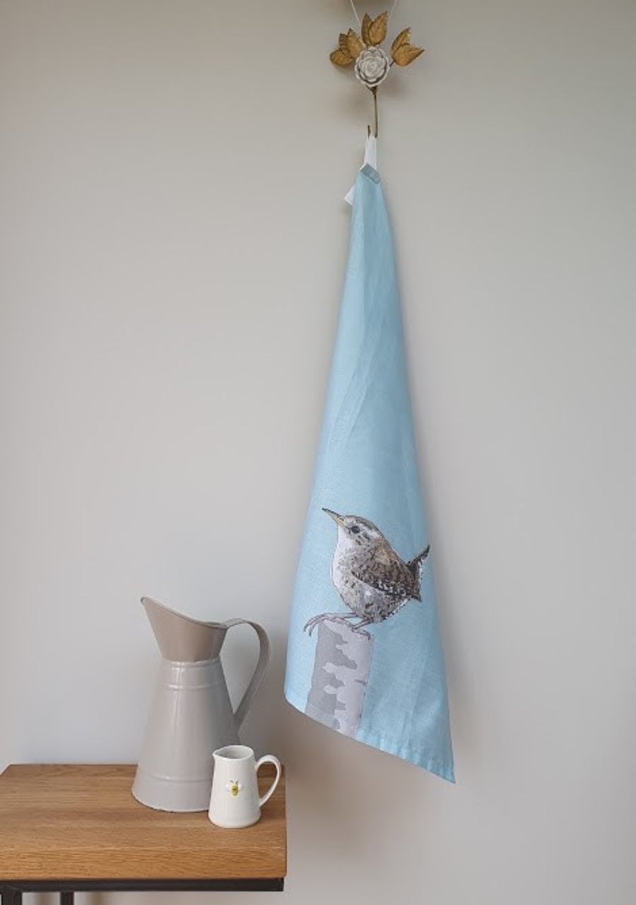 Wren tea towel, organic cotton