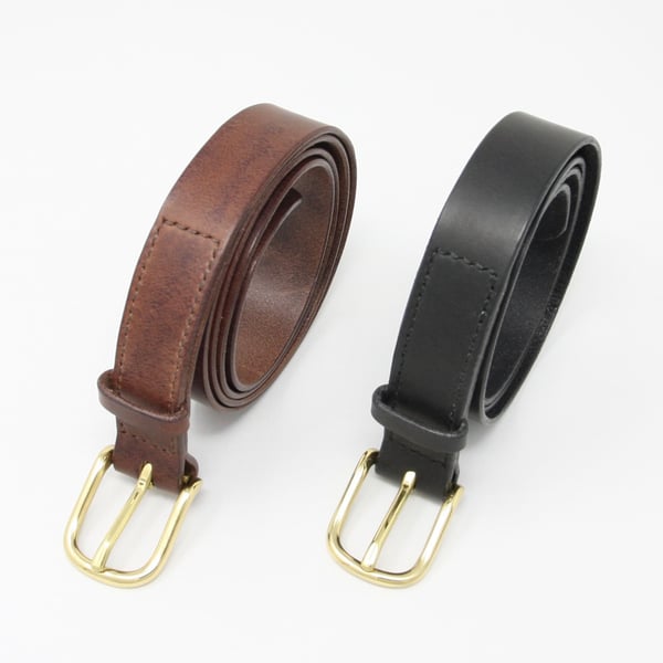 1" leather belt; brass buckle; choice of black or brown leather