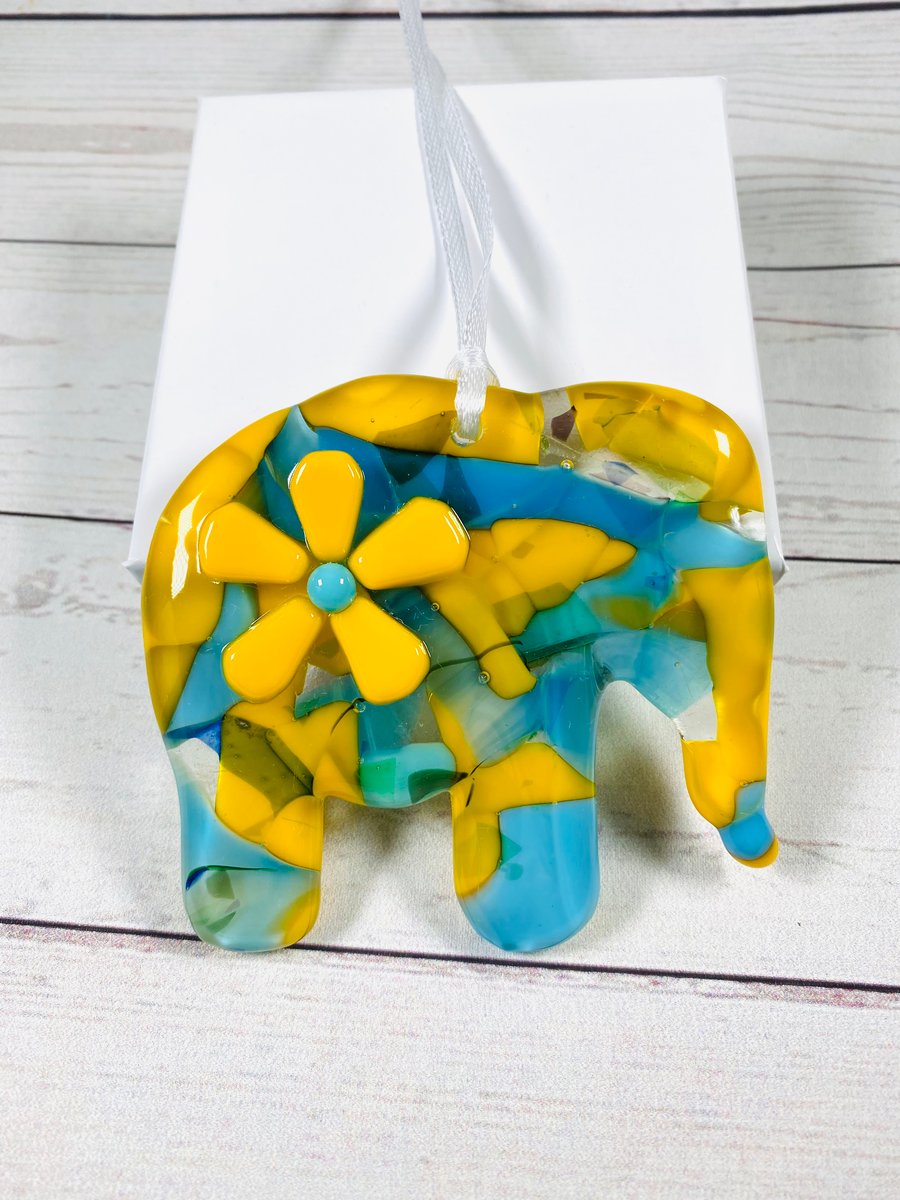 Fused glass elephant hanging ornament