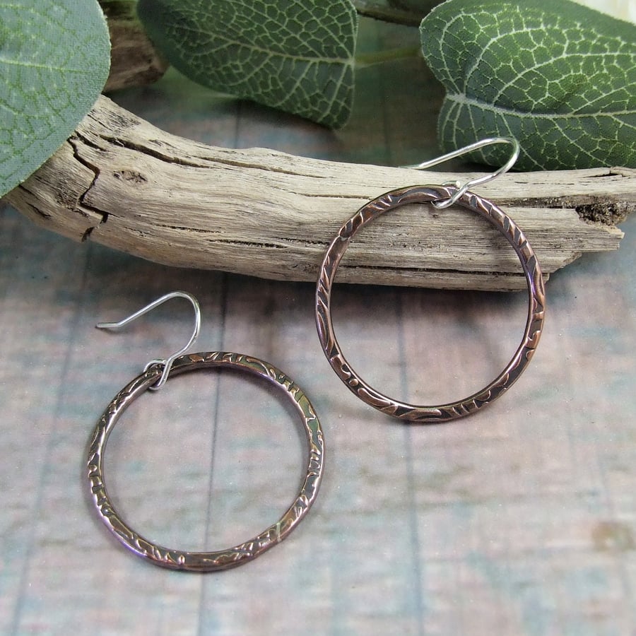 Earrings, Sterling Silver and Copper Patterned Hoops Oxidised Finish