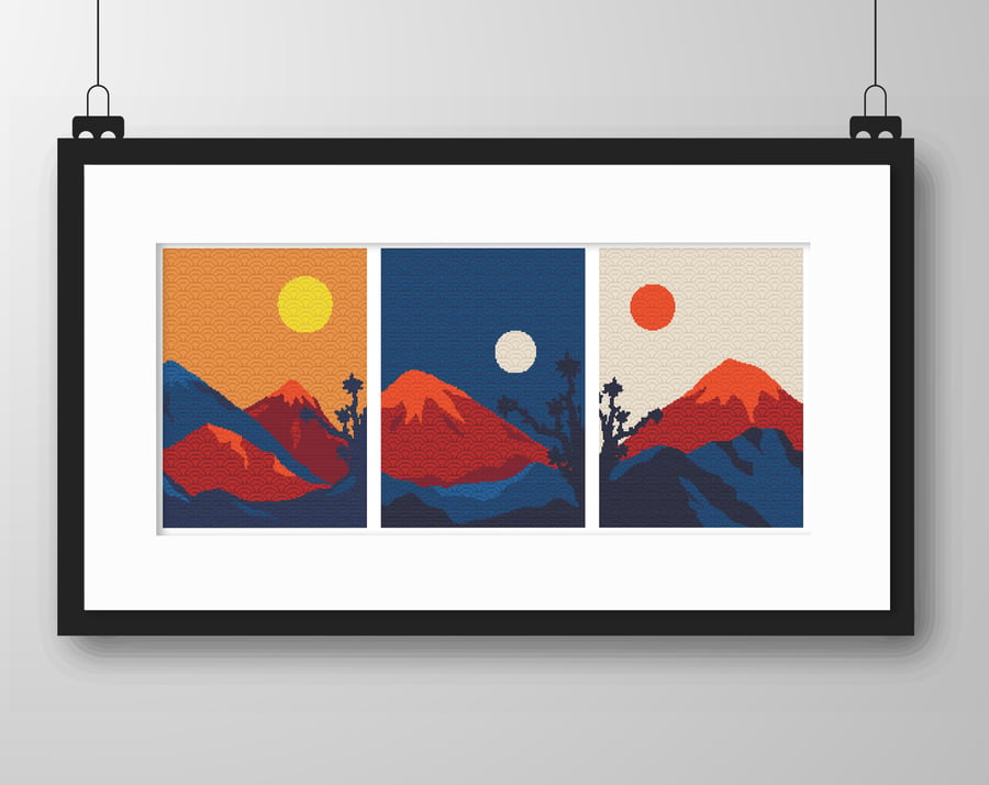 033 - Cross stitch Japanese landscapes Sunset over mountains, three in one 