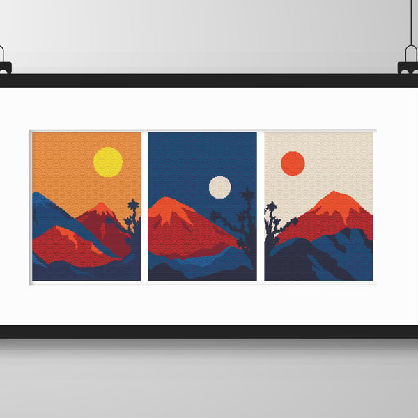 033 - Cross stitch Japanese landscapes Sunset over mountains, three in one 