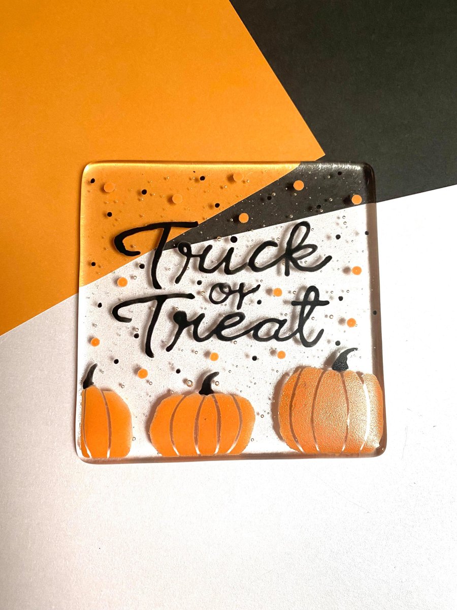 Fused Glass Trick or Treat Halloween Coaster