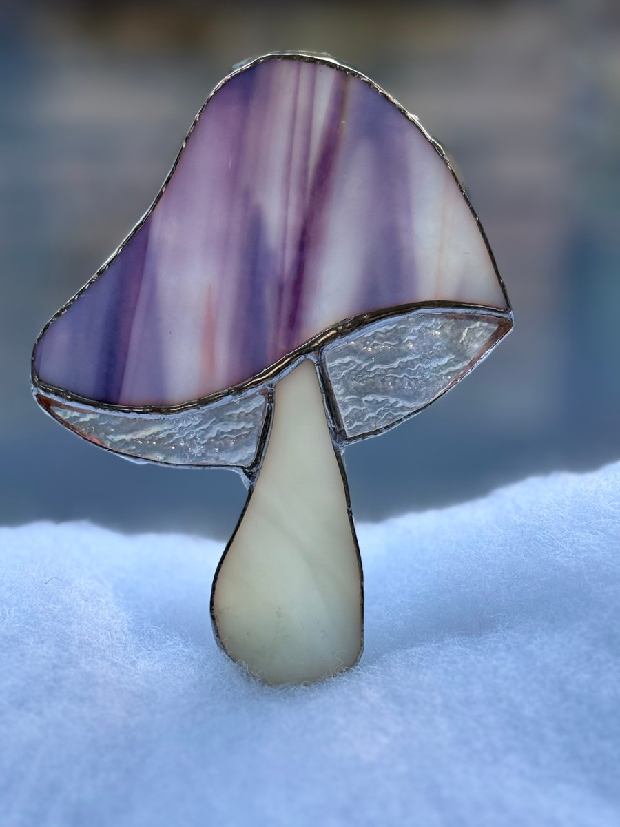 Stained glass mushroom - pink and blue cap with irridised clear gills
