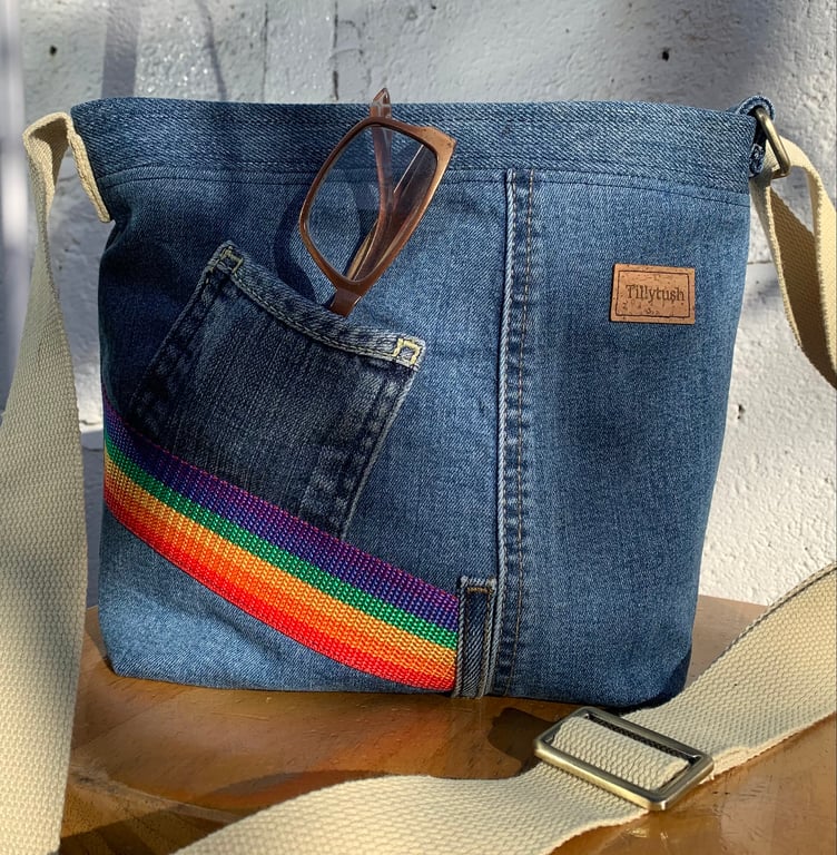 Small recycled jeans crossbody bag with rainbow detail