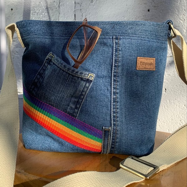 Small recycled jeans crossbody bag with rainbow detail