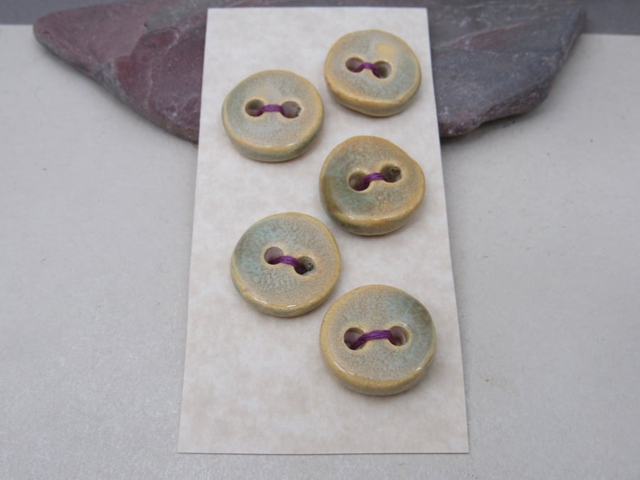 5 Small Round Old Gold Ceramic Buttons