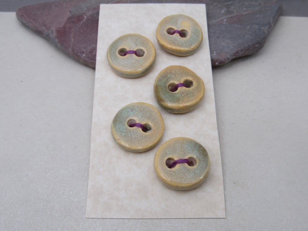 5 Small Round Old Gold Ceramic Buttons