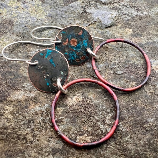 Verdigris and Red Copper Hoop Dangle Earrings