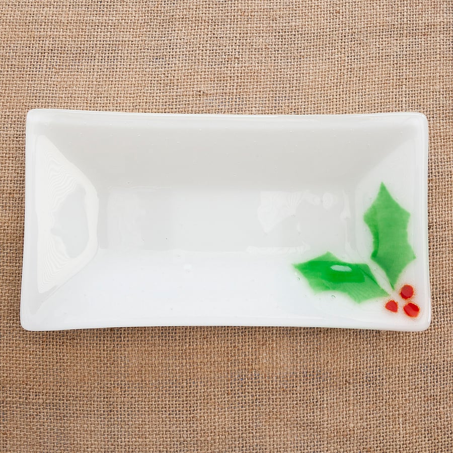 Festive Christmas Holly Fused Glass Snack Dish Plate