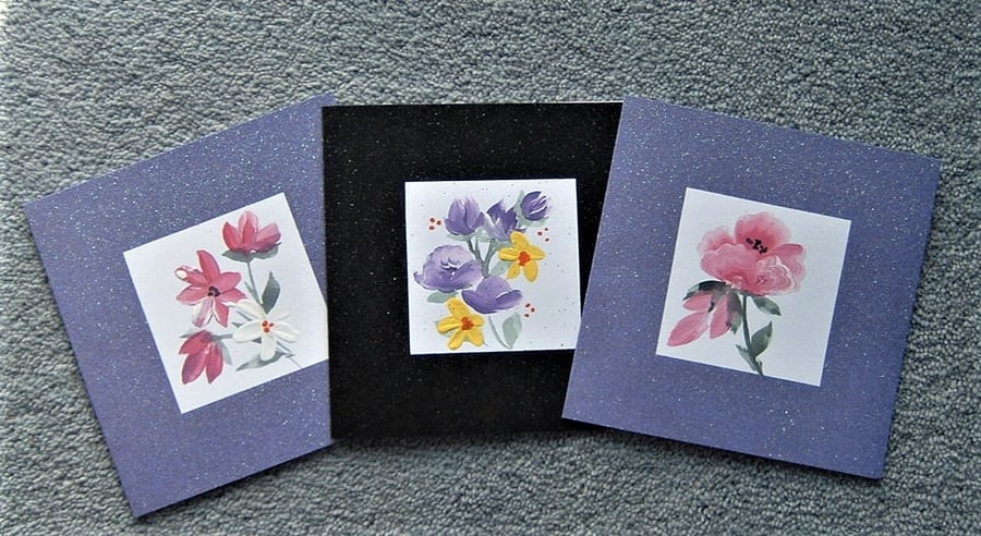 Set of THREE hand painted all occasion floral cards ( ref F 784)