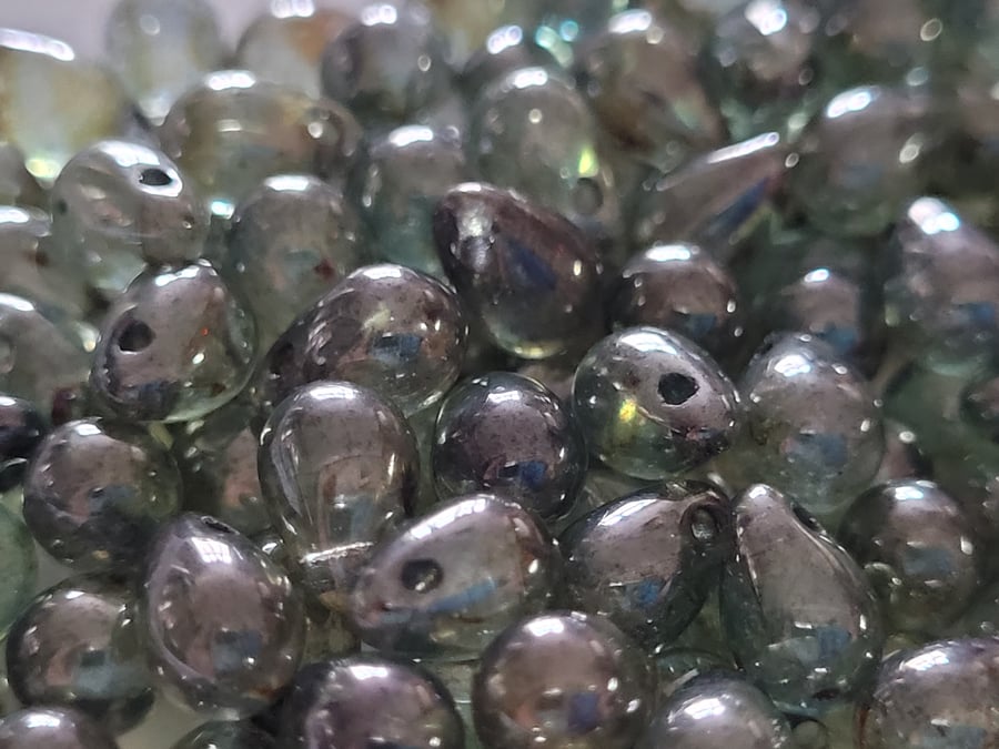 60g Green Mottled and Plain 9mm Czech Glass Drop Beads