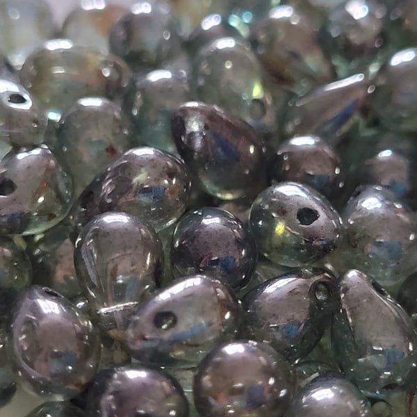 60g Green Mottled and Plain 9mm Czech Glass Drop Beads