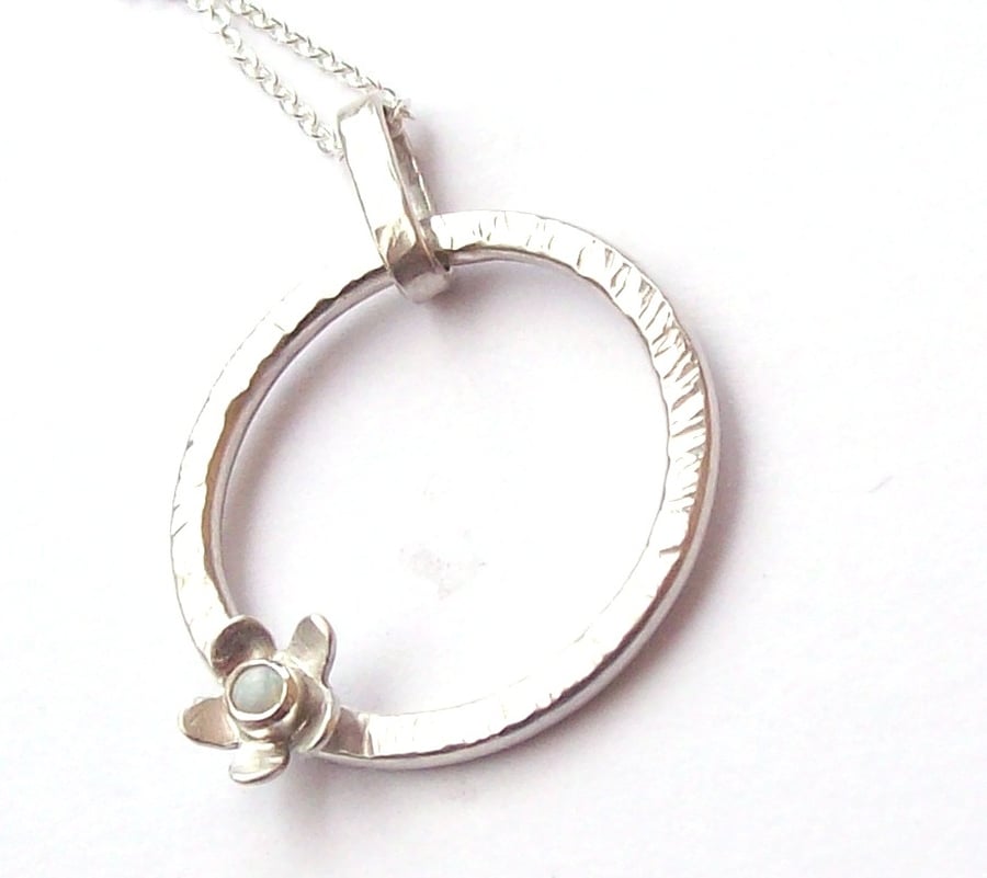 Opal pendant sterling silver rotating circle with flower