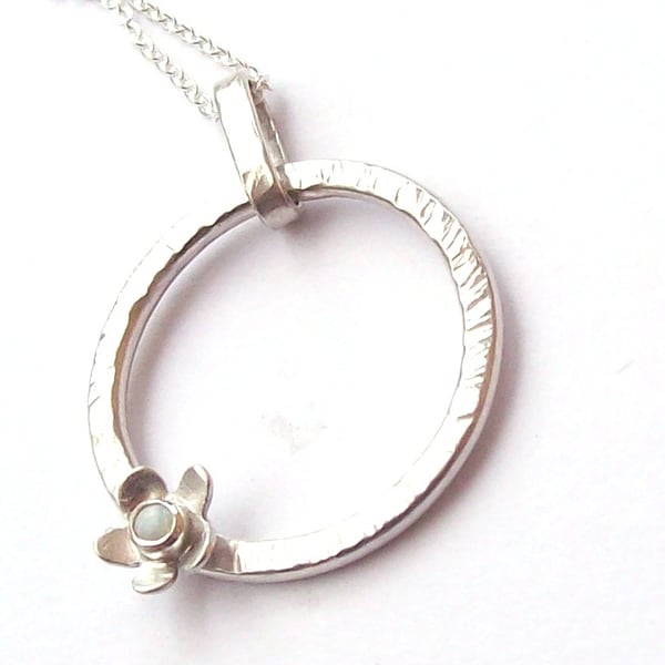 Opal pendant sterling silver rotating circle with flower
