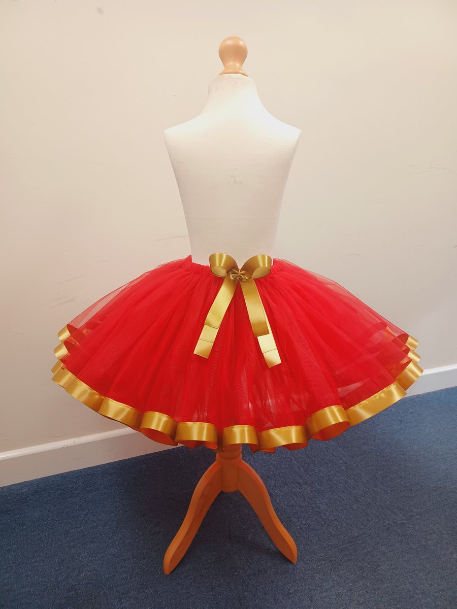 Girl's Red Tutu Skirt with Golden Trim - Ages From 0-6 Months to 6-7 Years UK 
