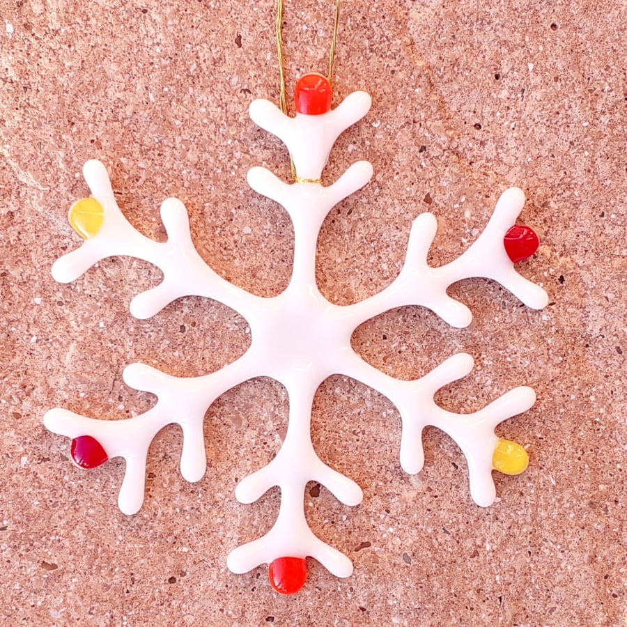 Fused glass Christmas snowflake hanging decoration, 14cm