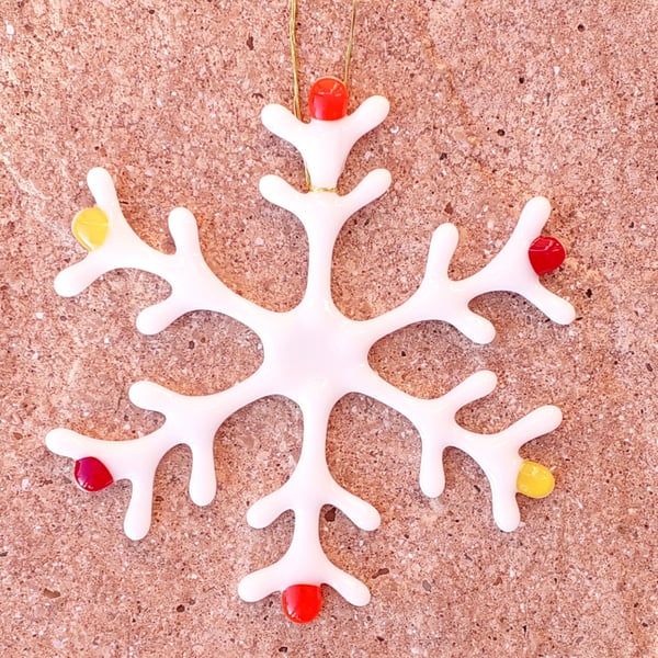 Fused glass Christmas snowflake hanging decoration, 14cm