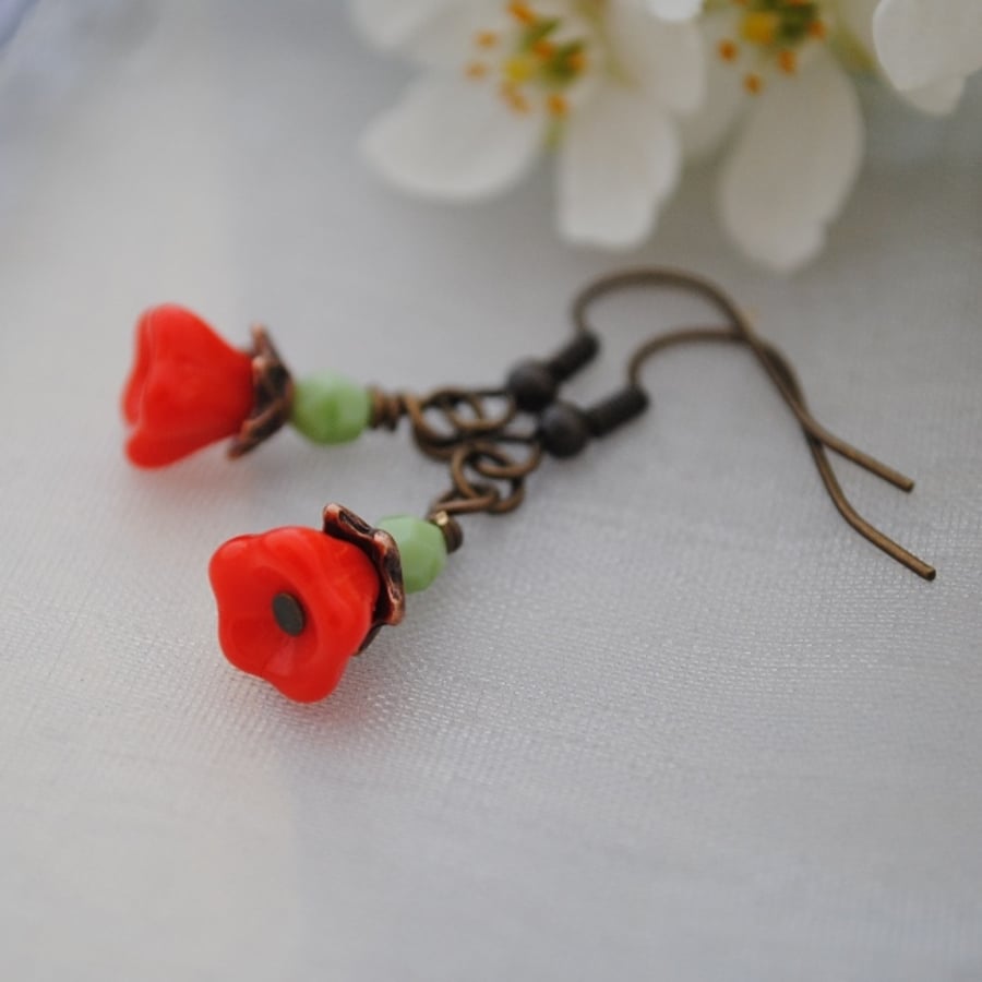 Poppy red flower earrings