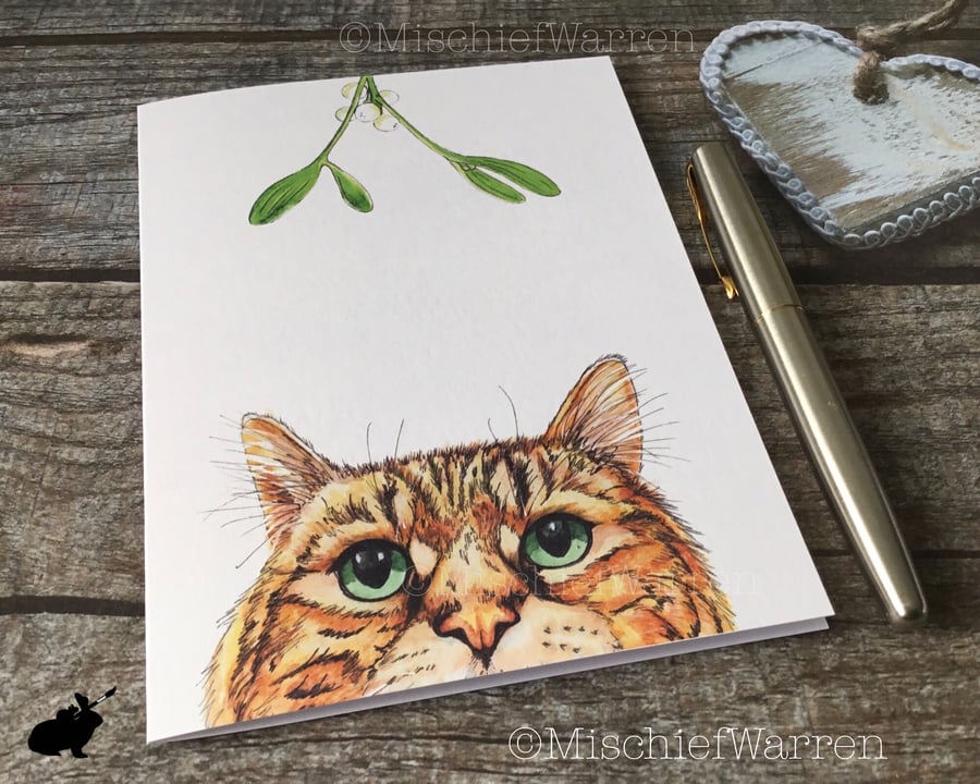 Brown Tabby Cat Christmas Card. Cat handmade Christmas card.