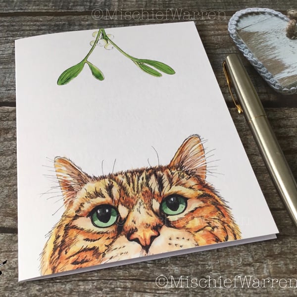 Brown Tabby Cat Christmas Card. Cat handmade Christmas card.