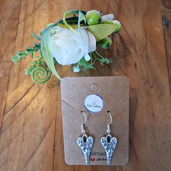 Antique Finish Silver Toned Hammered Heart Drop Earrings - 925 Silver Ear Wires