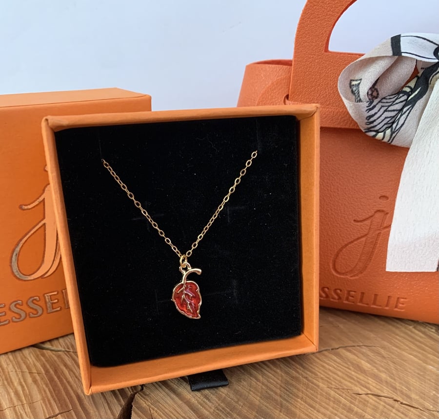 Autumnal Orange enamel gold leaf necklace