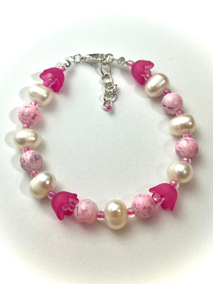 Pink Bead & Cultured Pearl Bracelet