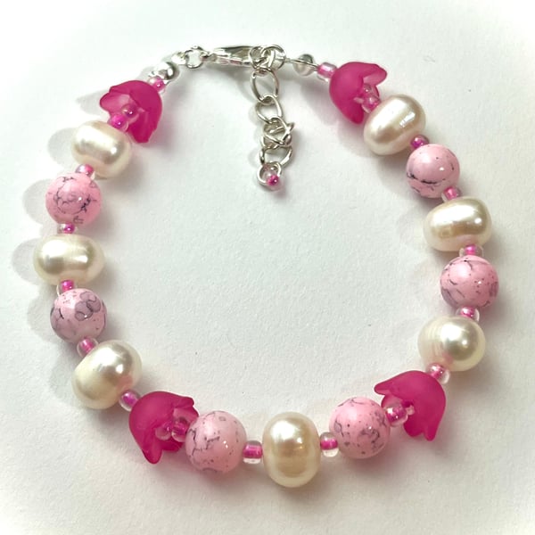 Pink Bead & Cultured Pearl Bracelet