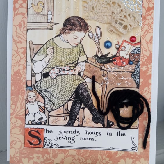 Vintage-style Greeting Card  - 'She spends hours in the sewing room'