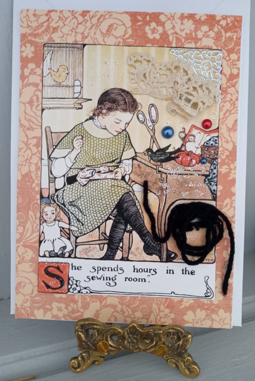 Vintage-style Greeting Card  - 'She spends hours in the sewing room'