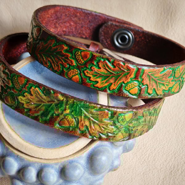 Handmade Leather Bracelet with Oak Leaf Pattern, Available with Snap or Buckle C
