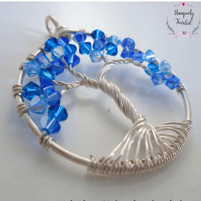 Handcrafted Tree of Life Necklace with Blue Crystals on Silver Wire