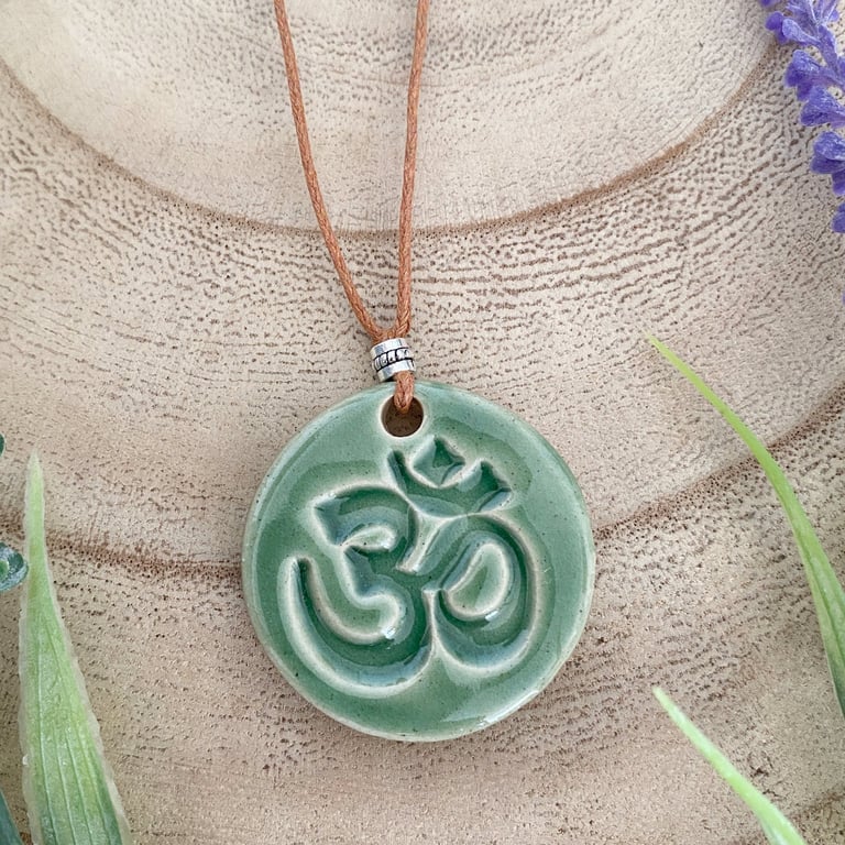 Handmade Ceramic Green OM Pendant Necklace 
