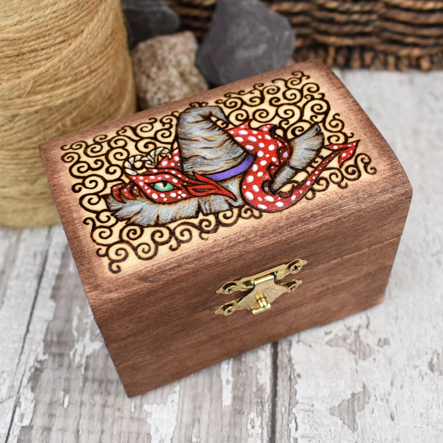 Pyrography dragon and wizard hat box, small rustic wooden felt lined chest