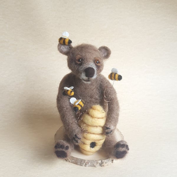 Needle felted bear, Bear with beehive, Bumble bees, OOAK ornament, Handmade