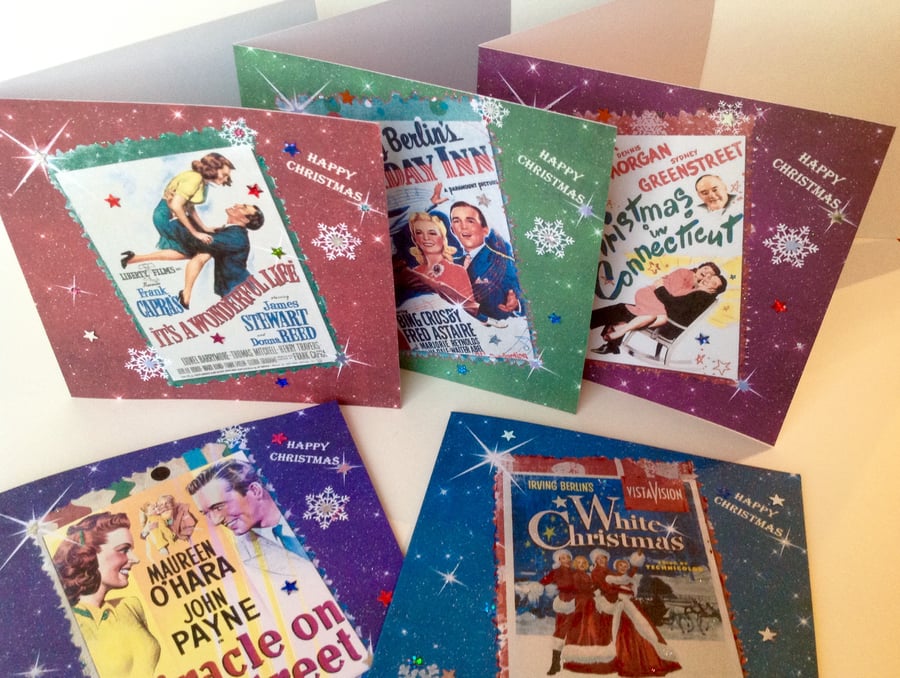 Christmas Cards, Classic Xmas Movies Theme,Five Pack, Handmade Cards