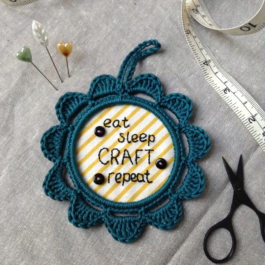 'Eat, sleep, craft, repeat' Hand Embroidered Wall Decoration