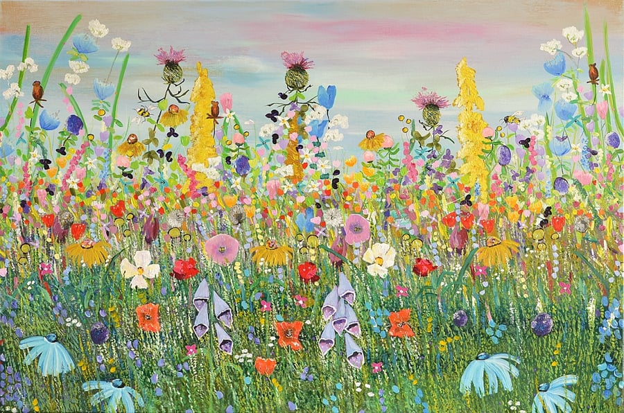 A Large Acrylic Painting of Scottish Wildflowers. Ready to hang. 24x36 inches.