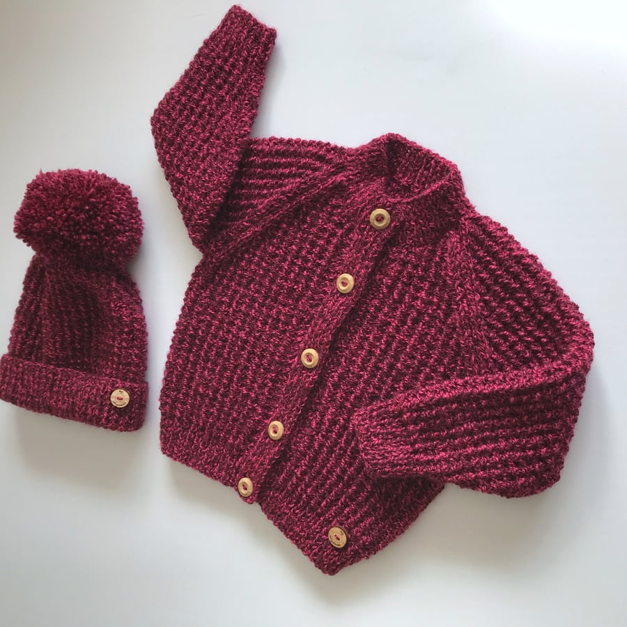 Hand knitted Baby Cardigan and matching Bobble Hat - to fit up to 9mths approx