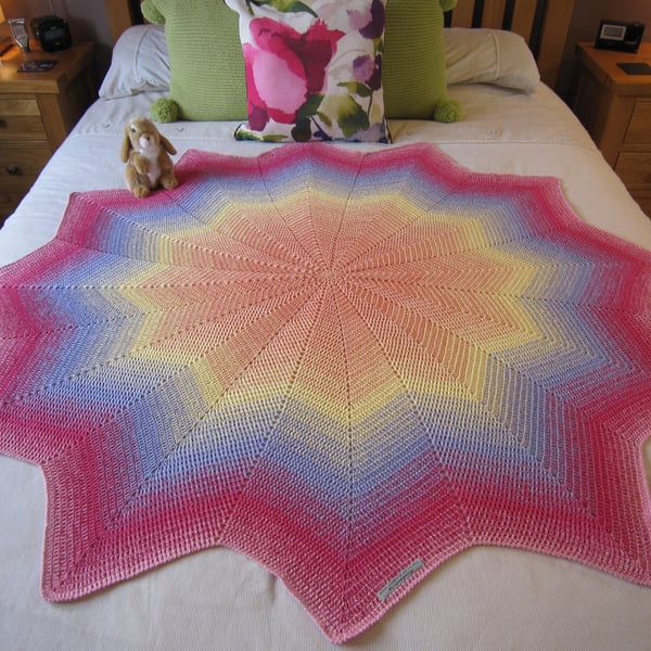 Large Sparkly Hand Crochet Bed Throw in Rainbow Colours, Crochet Sofa Throw