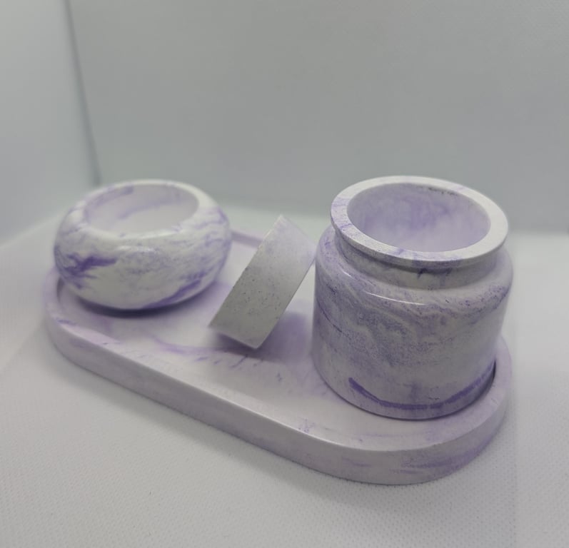 Purple and White Marbled Ecoresin Tray, Jar and Tealight Holder Set