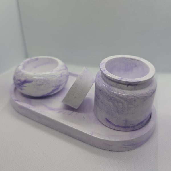 Purple and White Marbled Ecoresin Tray, Jar and Tealight Holder Set