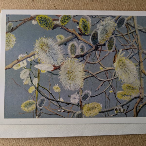 Willow flower card with blue background - with white border