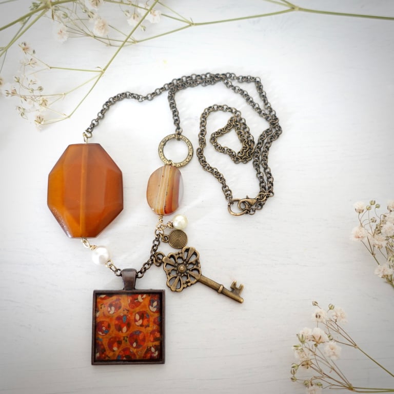 Boho Mismatched Necklace with Naive Art Pendant, Latchkey Kids