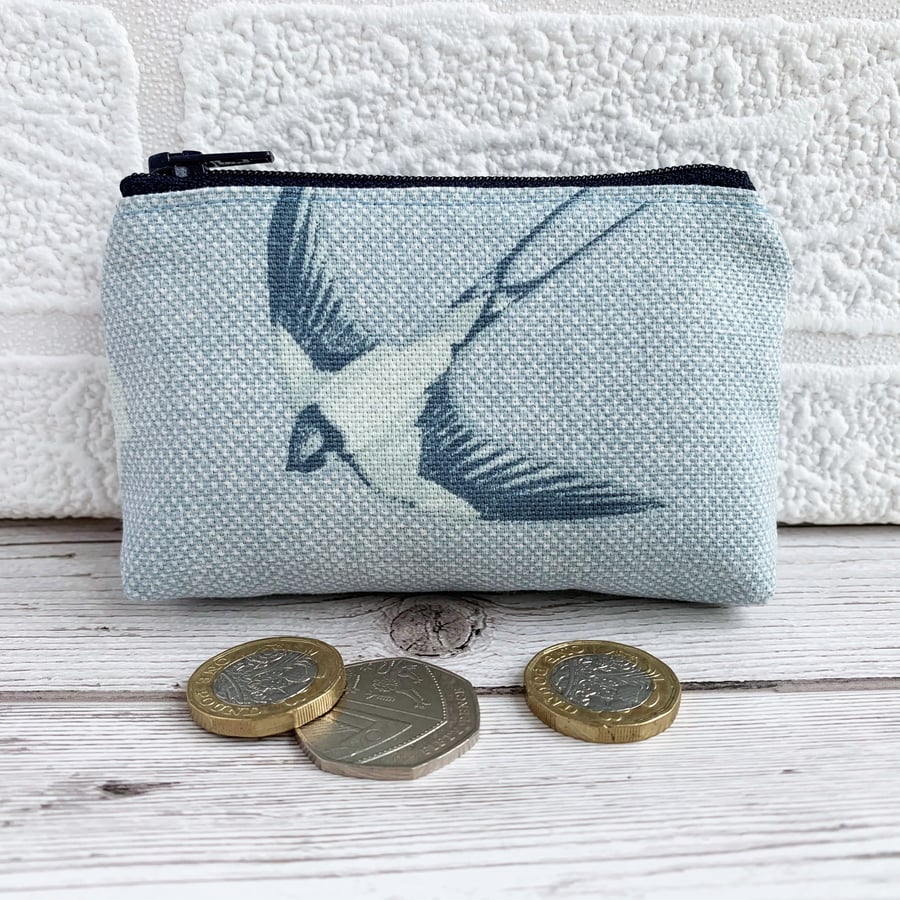 Small Purse, Coin Purse in Blue with a Flying Swallow